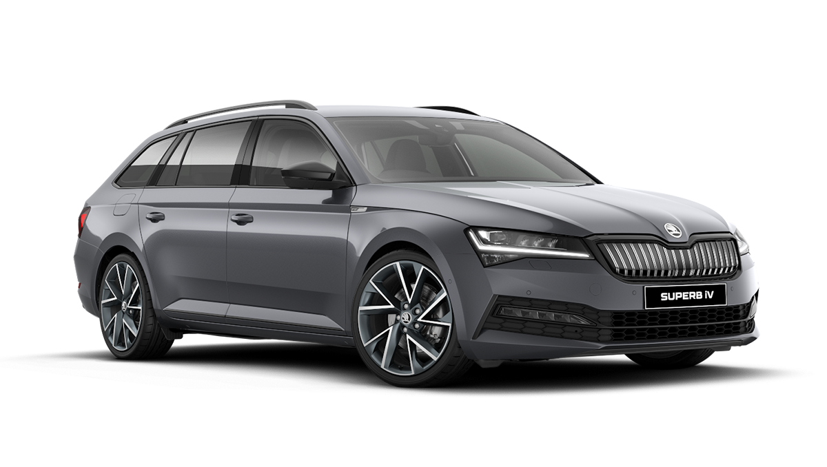 Front 3/4 render of a Skoda vehicle with Graphite Grey paint