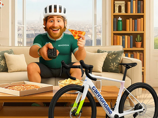 An AI generate man sitting on a counch wearing cycling gear