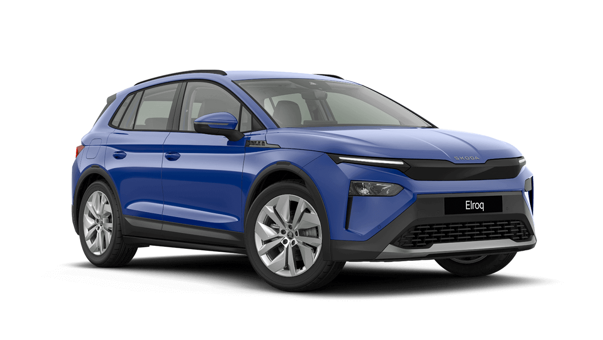Front 3/4 render of a Škoda vehicle with Energy Blue paint