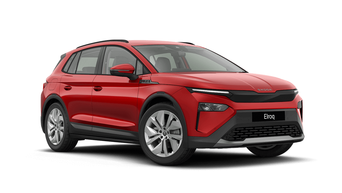 Front 3/4 render of a Škoda vehicle with Velvet Red paint