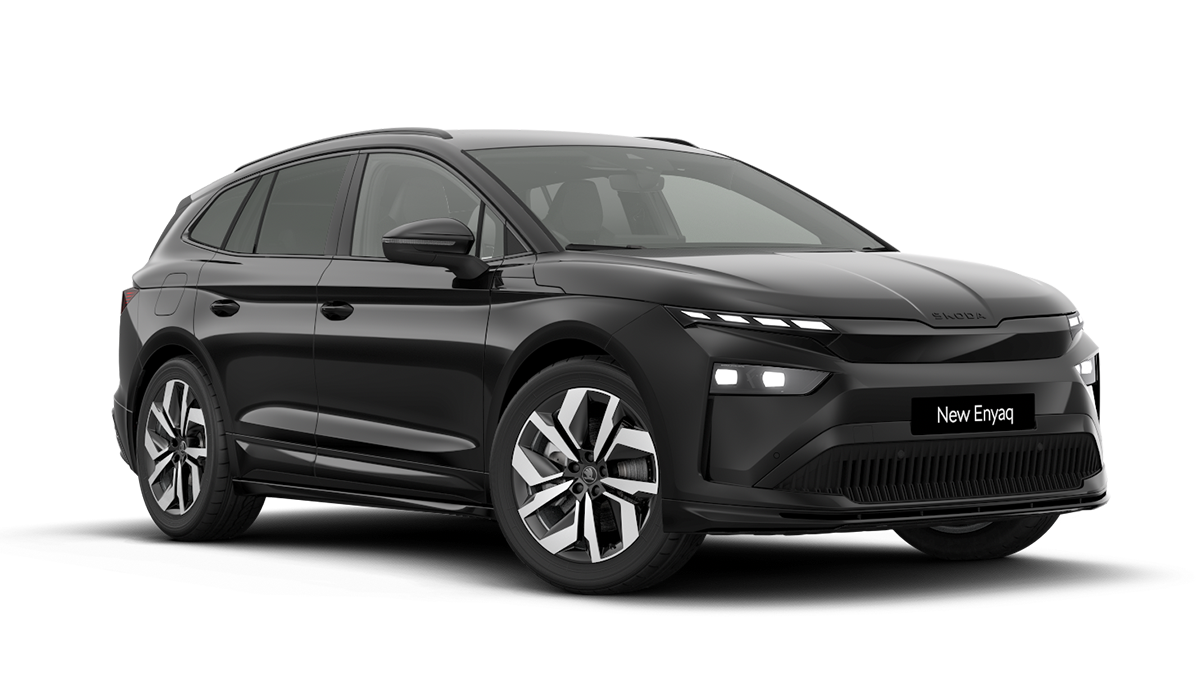Front 3/4 render of a Škoda vehicle with Black Magic Pearlescent paint