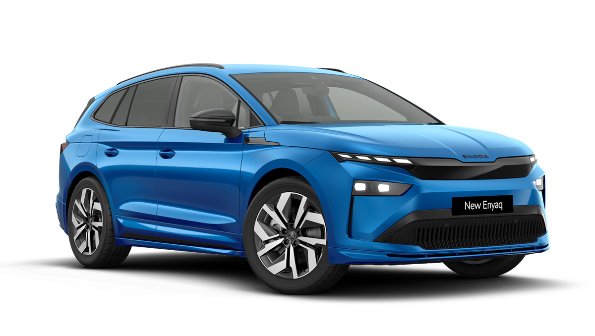 Front 3/4 render of a Škoda vehicle with Race Blue paint