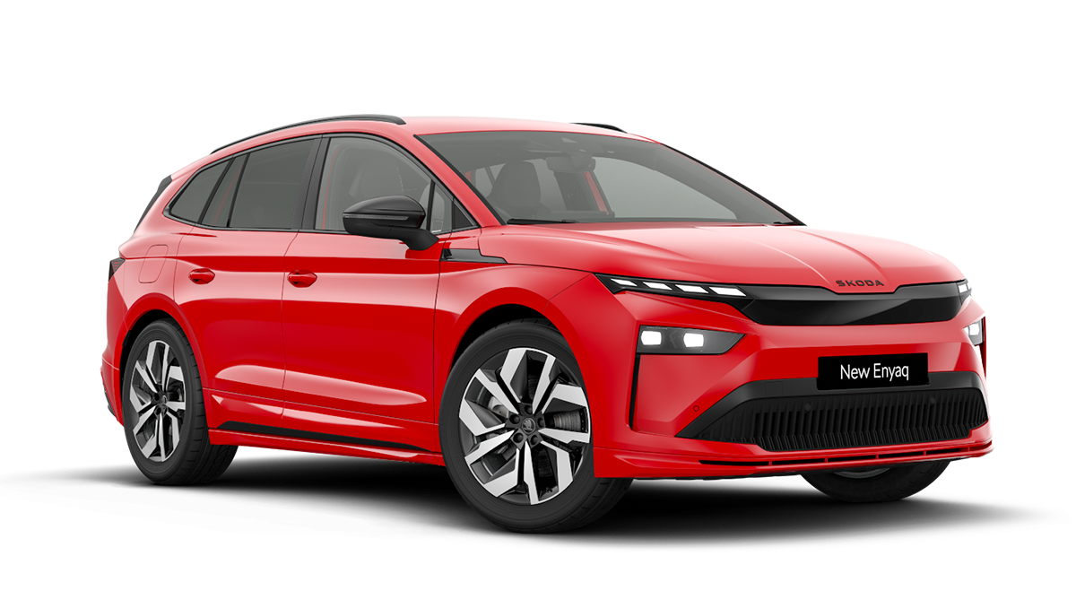 Front 3/4 render of a Škoda vehicle with Corrida Rred paint