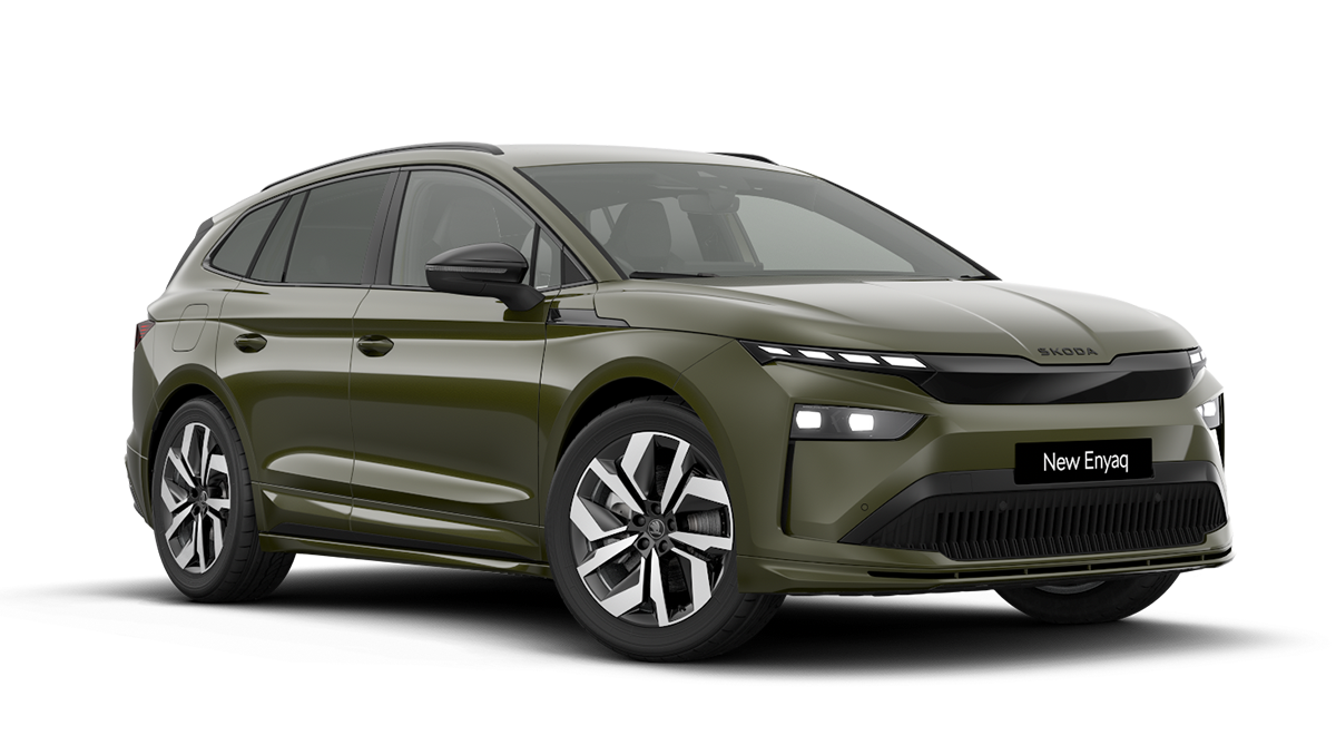 Front 3/4 render of a Škoda vehicle with Olibo Green paint