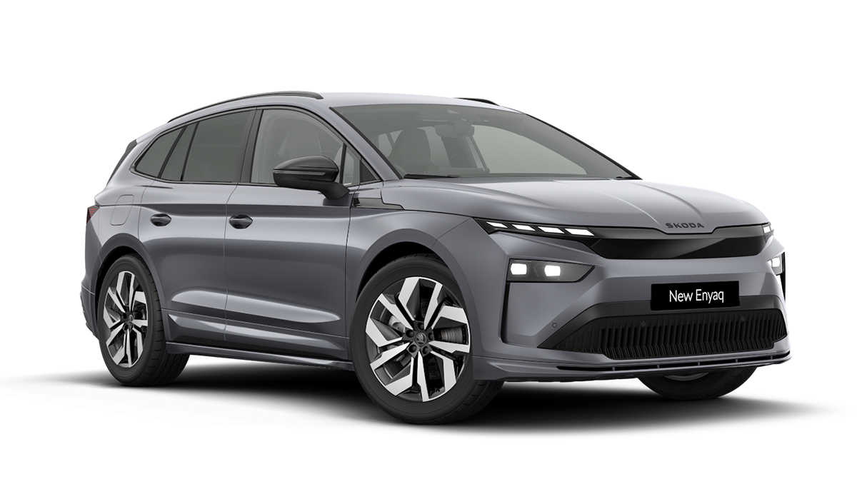 Front 3/4 render of a Škoda vehicle with Graphite Grey paint