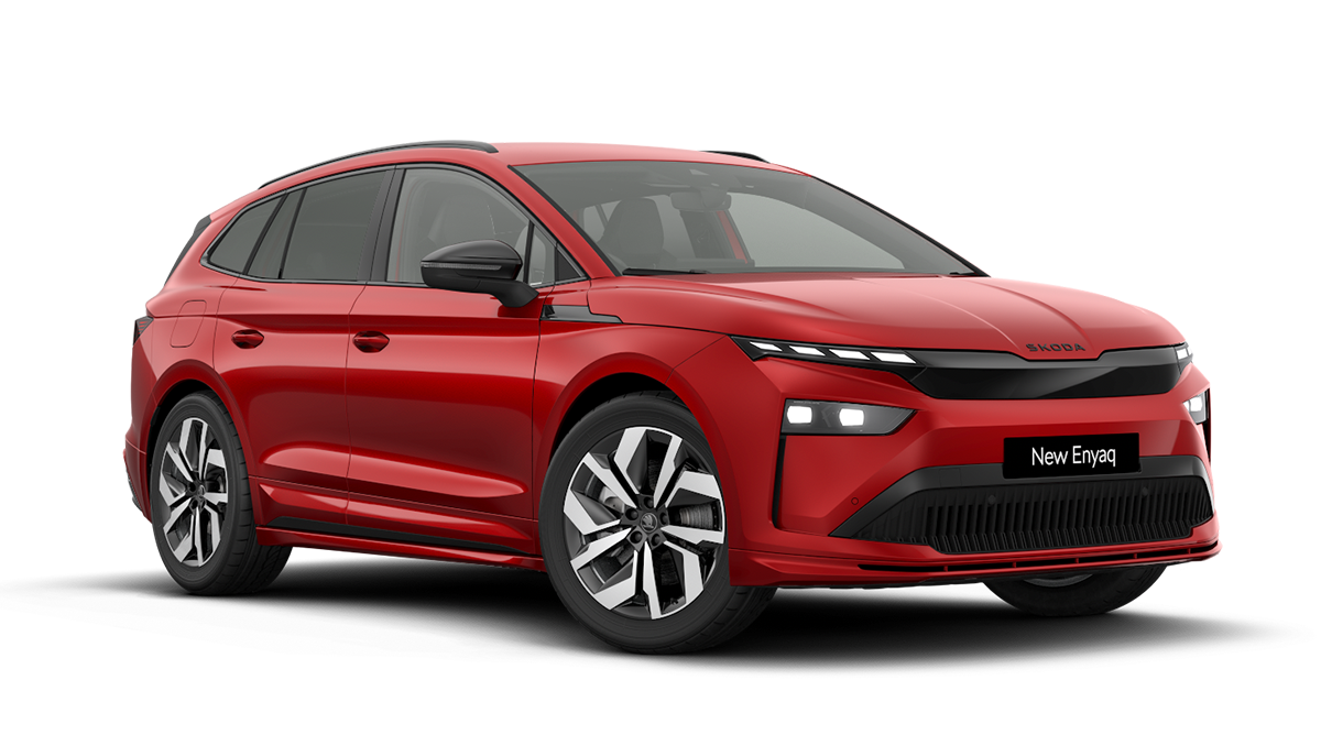 Front 3/4 render of a Škoda vehicle with Velvet Red paint