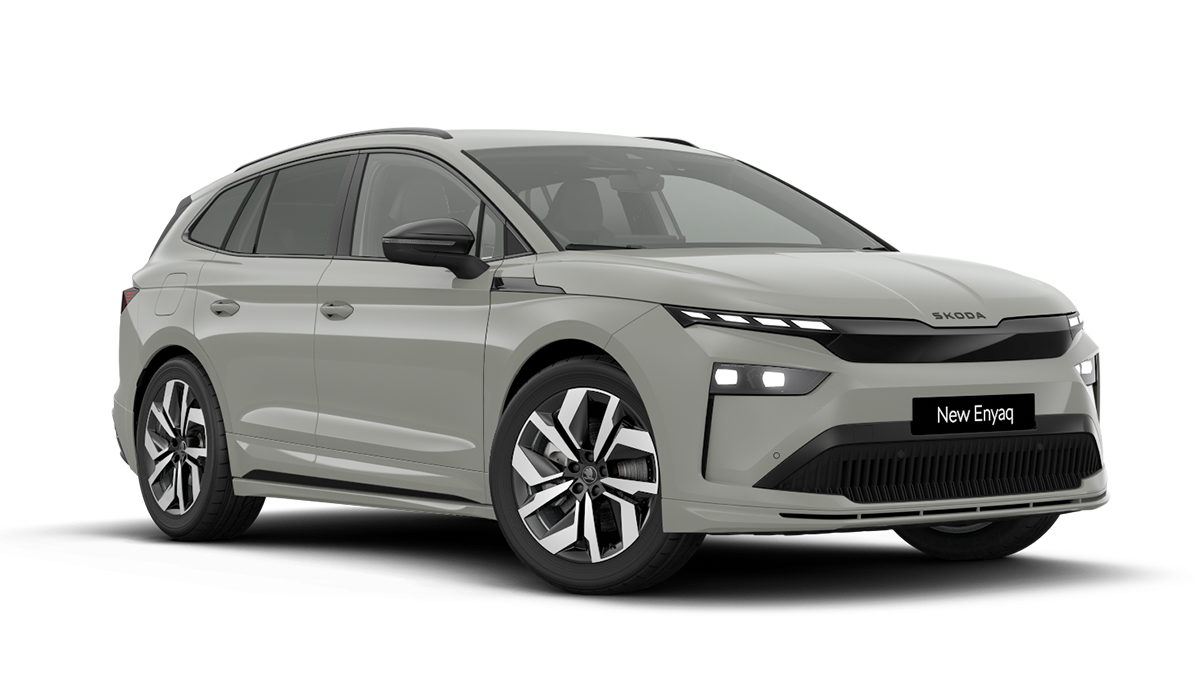 Front 3/4 render of a Škoda vehicle with Steel Grey paint