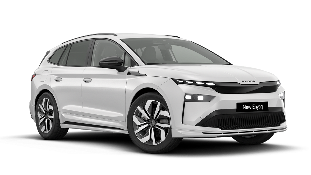 Front 3/4 render of a Škoda vehicle with Moon White paint