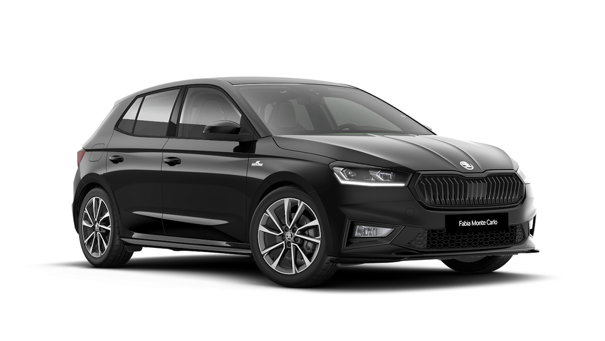 Front 3/4 render of a Škoda vehicle with Magic Black paint