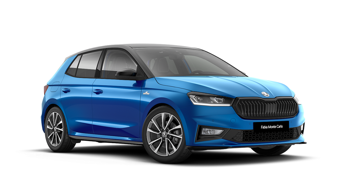 Front 3/4 render of a Škoda vehicle with Race Blue paint