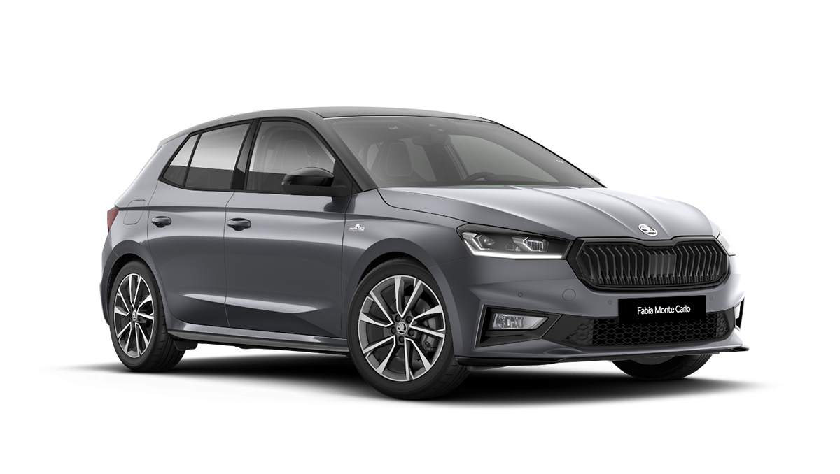 Front 3/4 render of a Škoda vehicle with Graphite Grey paint
