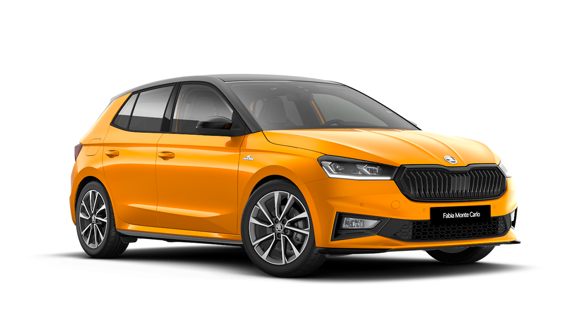 Front 3/4 render of a Škoda vehicle with Phoenix Orange paint