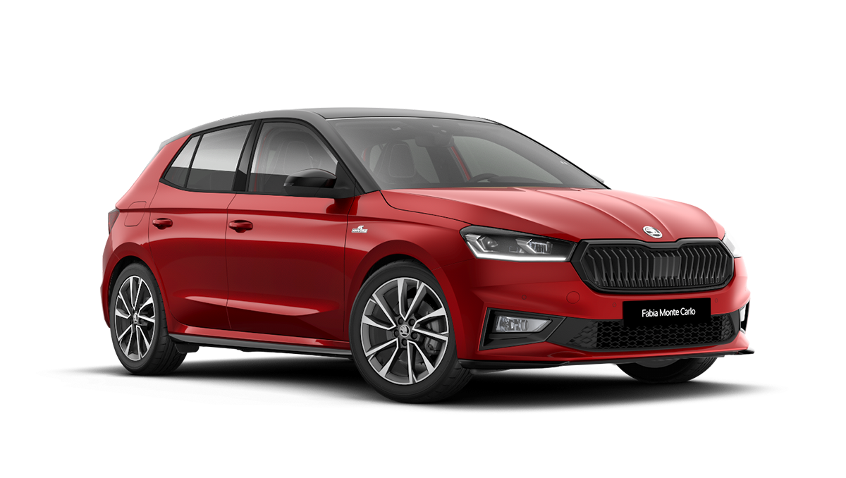 Front 3/4 render of a Škoda vehicle with Velvet Red paint