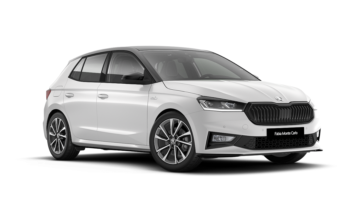 Front 3/4 render of a Škoda vehicle with Moon White paint