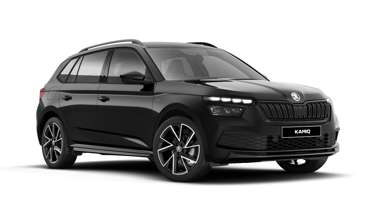 Front 3/4 render of a Škoda vehicle with Magic Black paint
