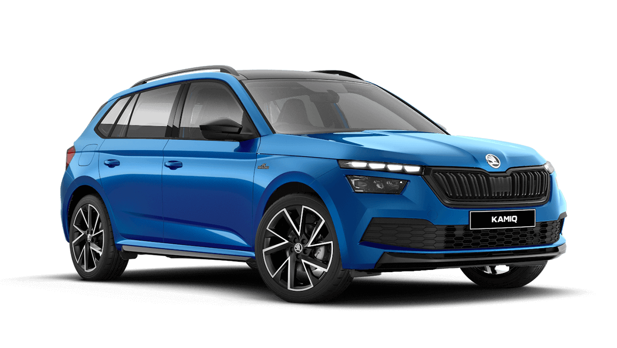 Front 3/4 render of a Škoda vehicle with Race Blue paint