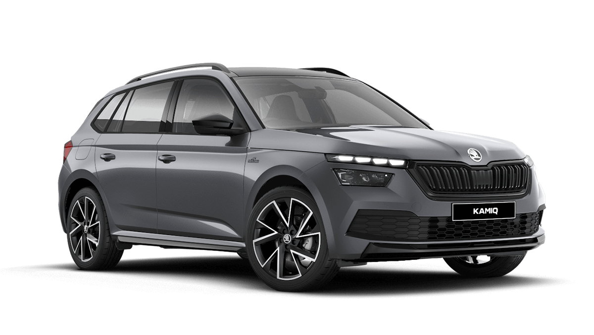 Front 3/4 render of a Škoda vehicle with Graphite Grey paint