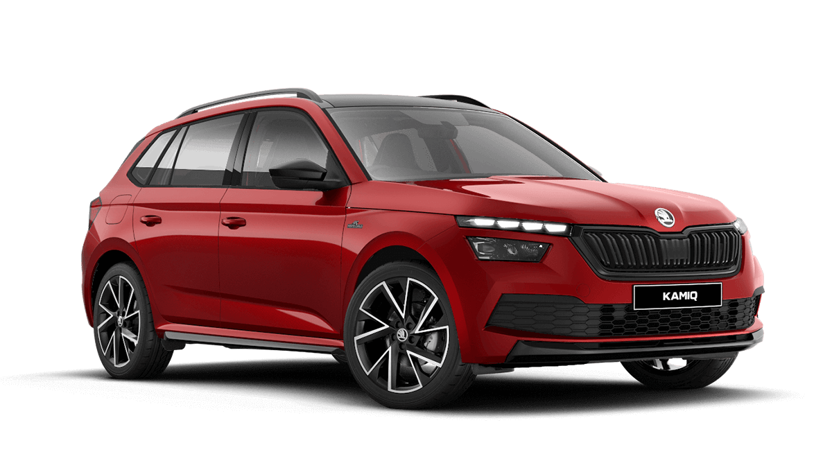 Front 3/4 render of a Škoda vehicle with Velvet Red paint