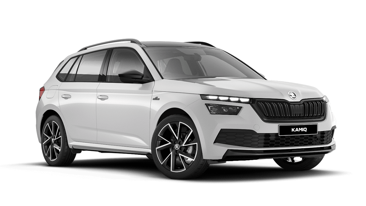 Front 3/4 render of a Škoda vehicle with Moon White paint