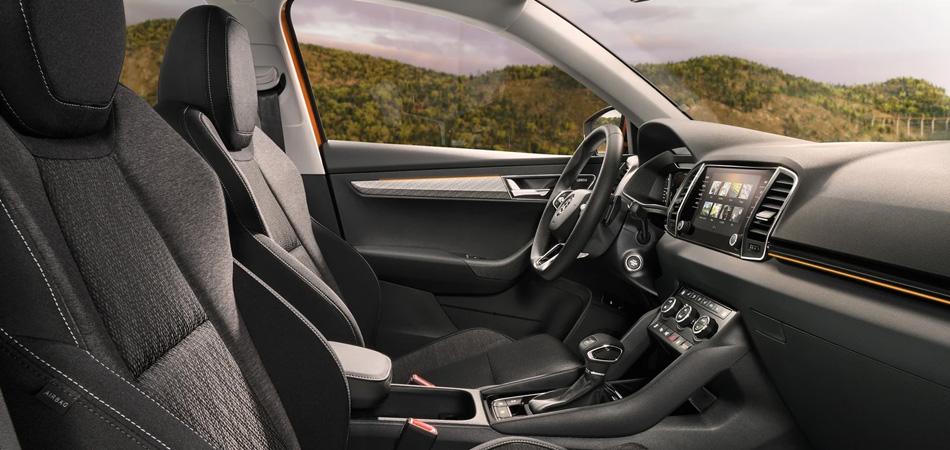 Left hand driver interior of a Skoda form the passanger view