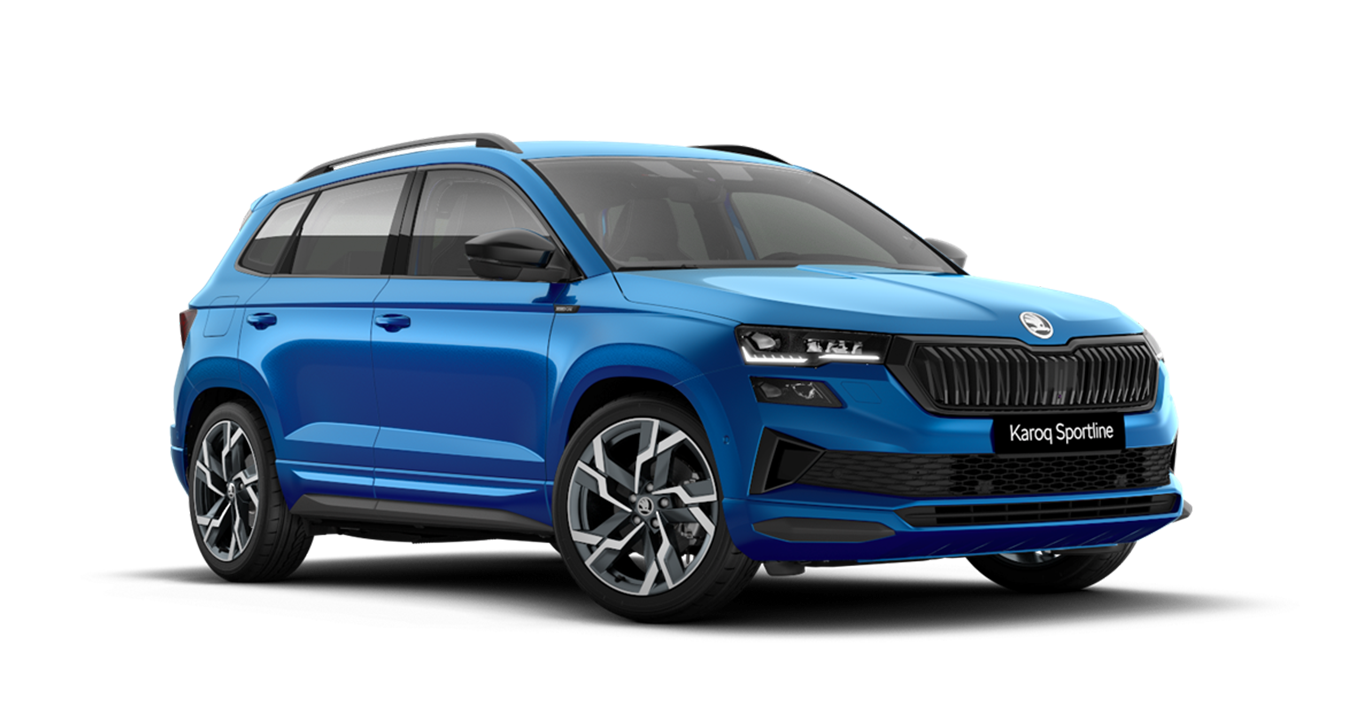 Front 3/4 render of a Škoda vehicle with Race Blue paint