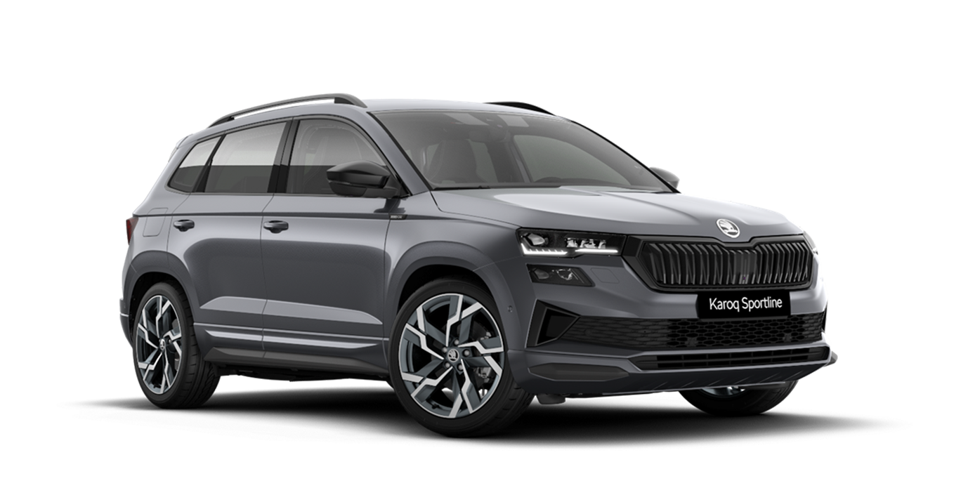 Front 3/4 render of a Škoda vehicle with Graphite Grey paint