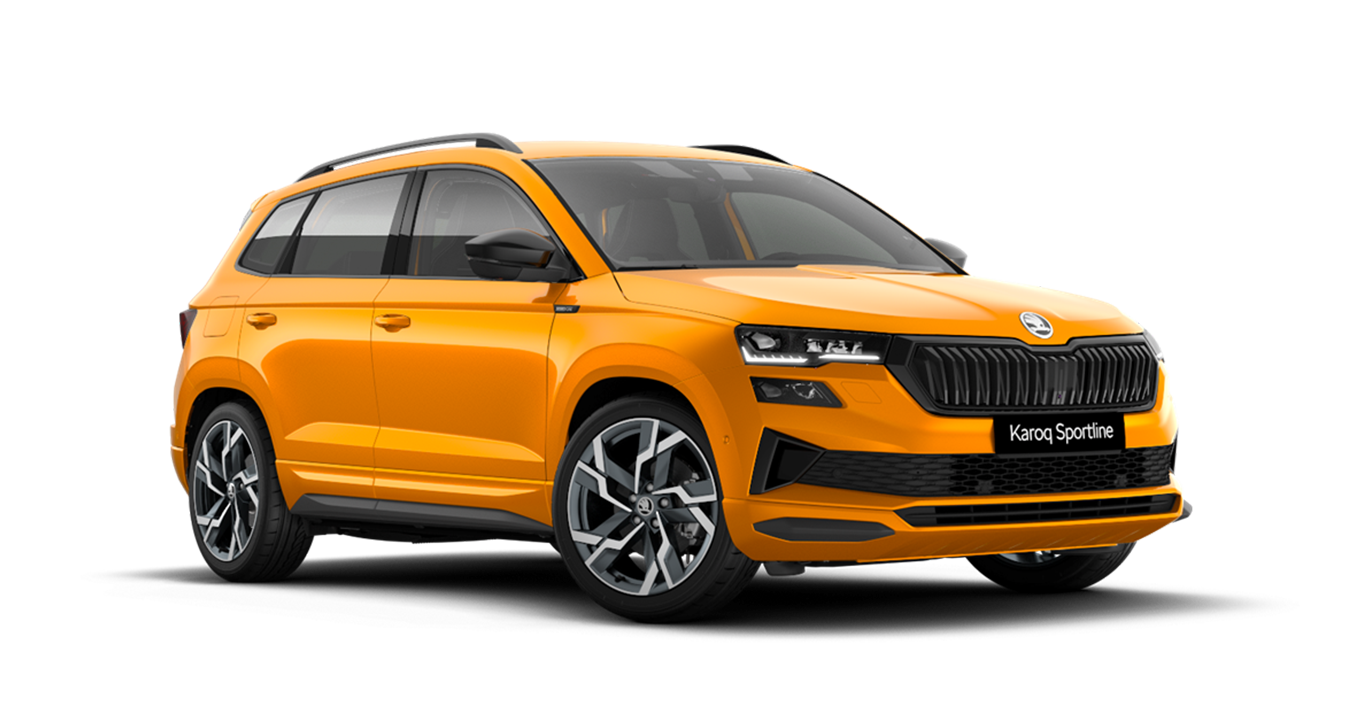 Front 3/4 render of a Škoda vehicle with Phoenix Orange paint
