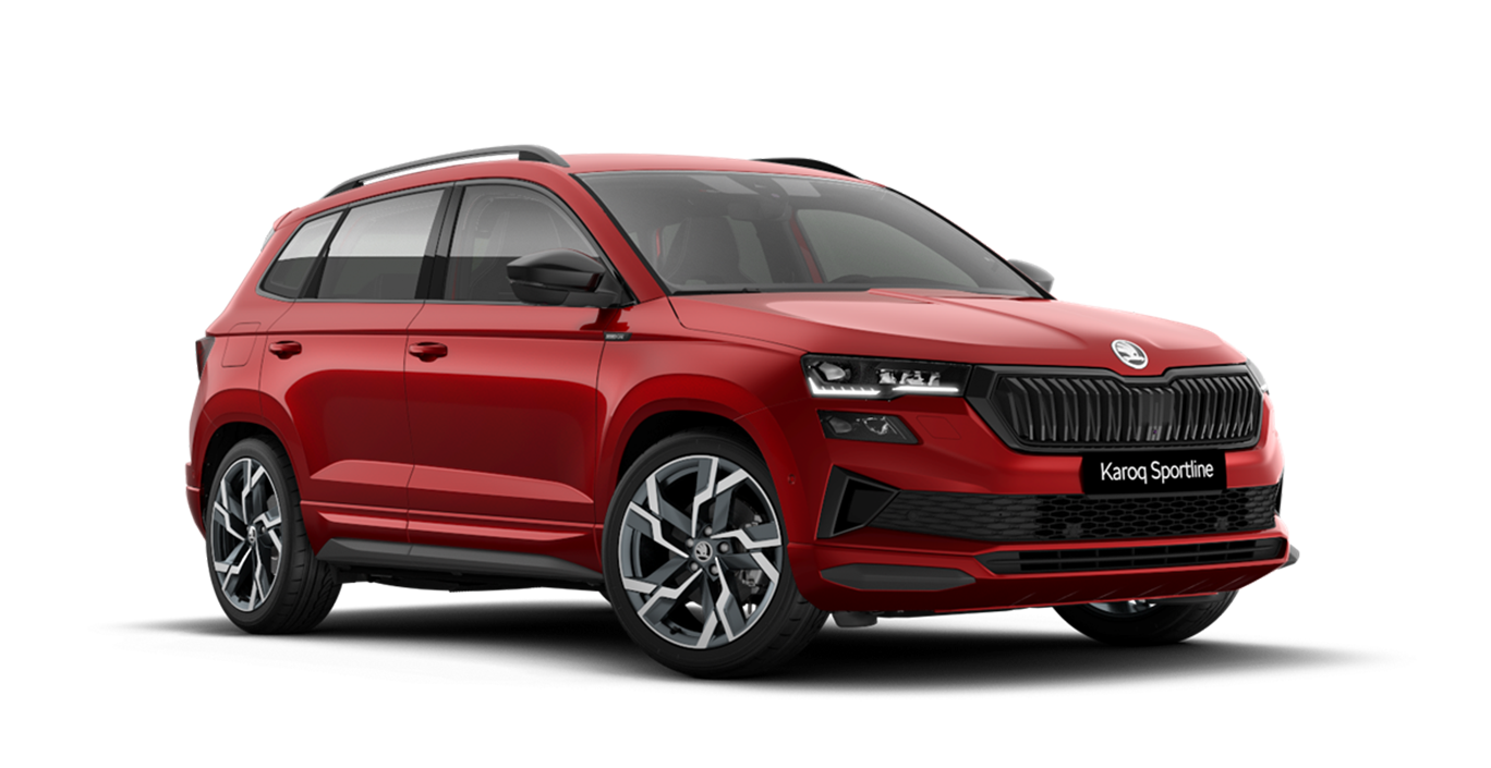 Front 3/4 render of a Škoda vehicle with Velvet Red paint