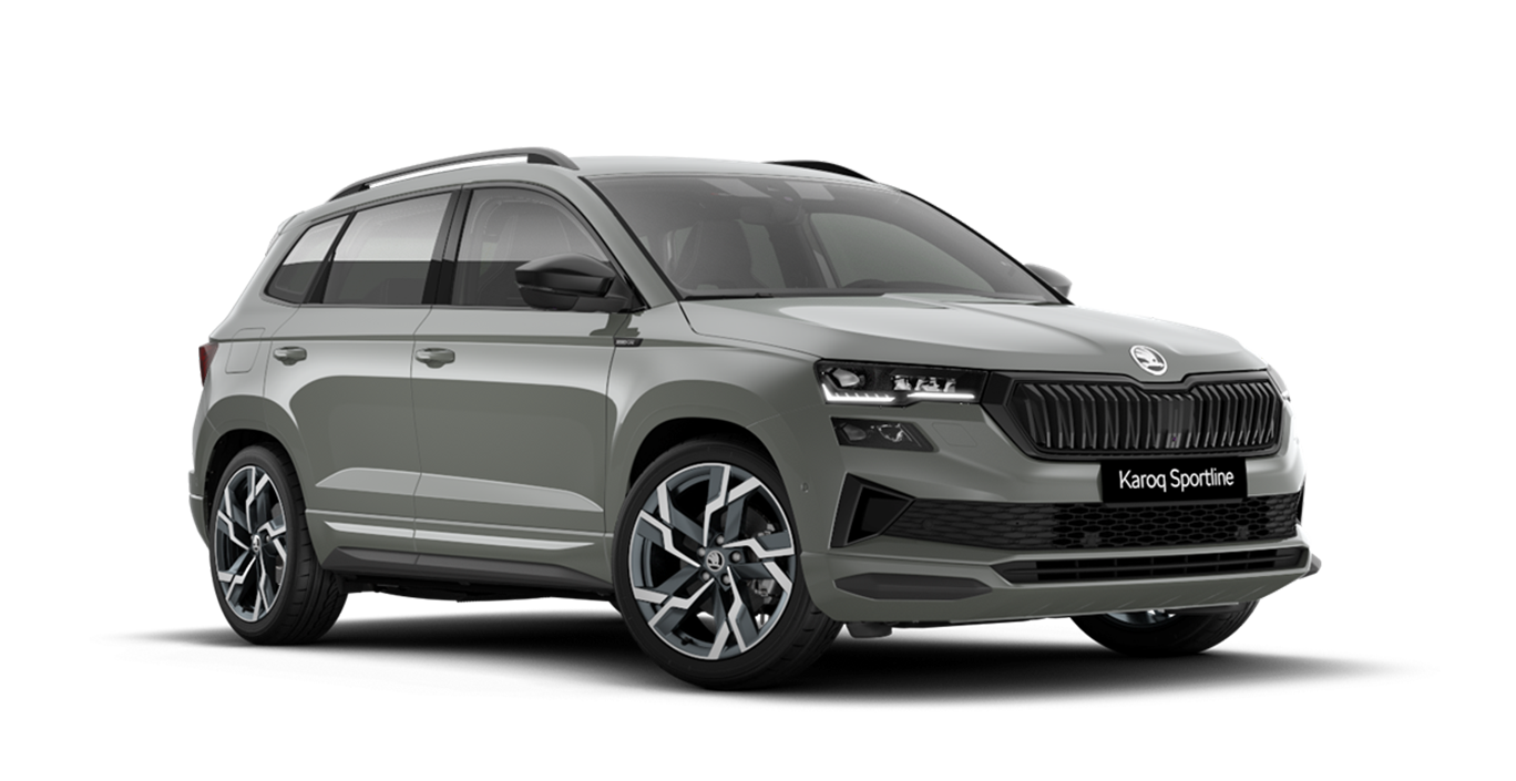 Front 3/4 render of a Škoda vehicle with Steel Grey paint