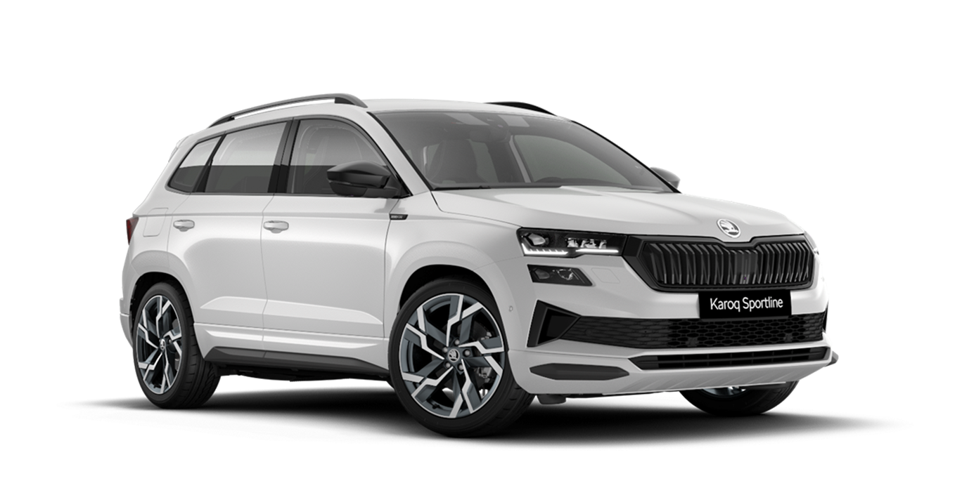 Front 3/4 render of a Škoda vehicle with Moon White paint