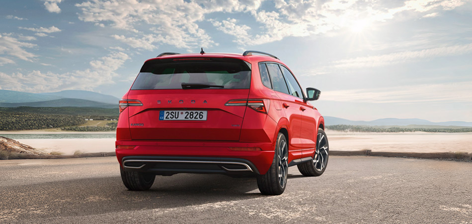 Rear angle of a red karoq Sportline
