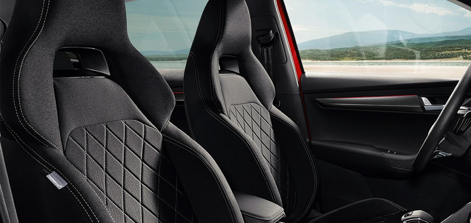 Close-up of the upholstery in a Skoda Sporline car