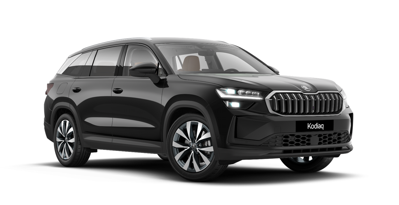 Front 3/4 render of a Škoda vehicle with Magic Black paint