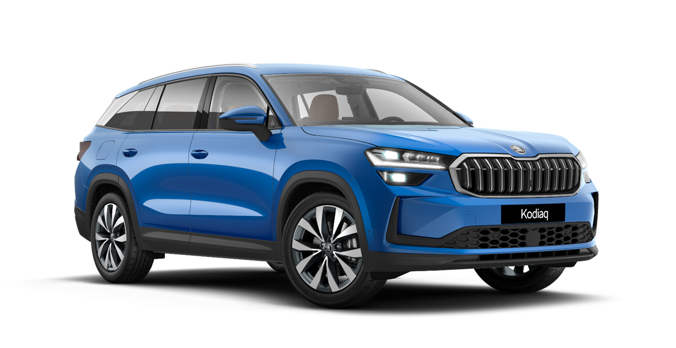 Front 3/4 render of a Škoda vehicle with Energy Blue paint