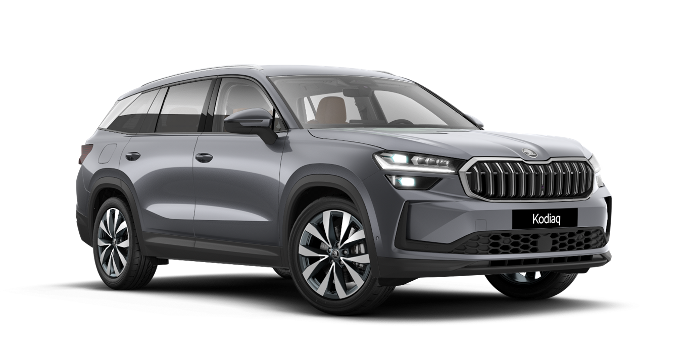 Front 3/4 render of a Škoda vehicle with Graphite grey paint