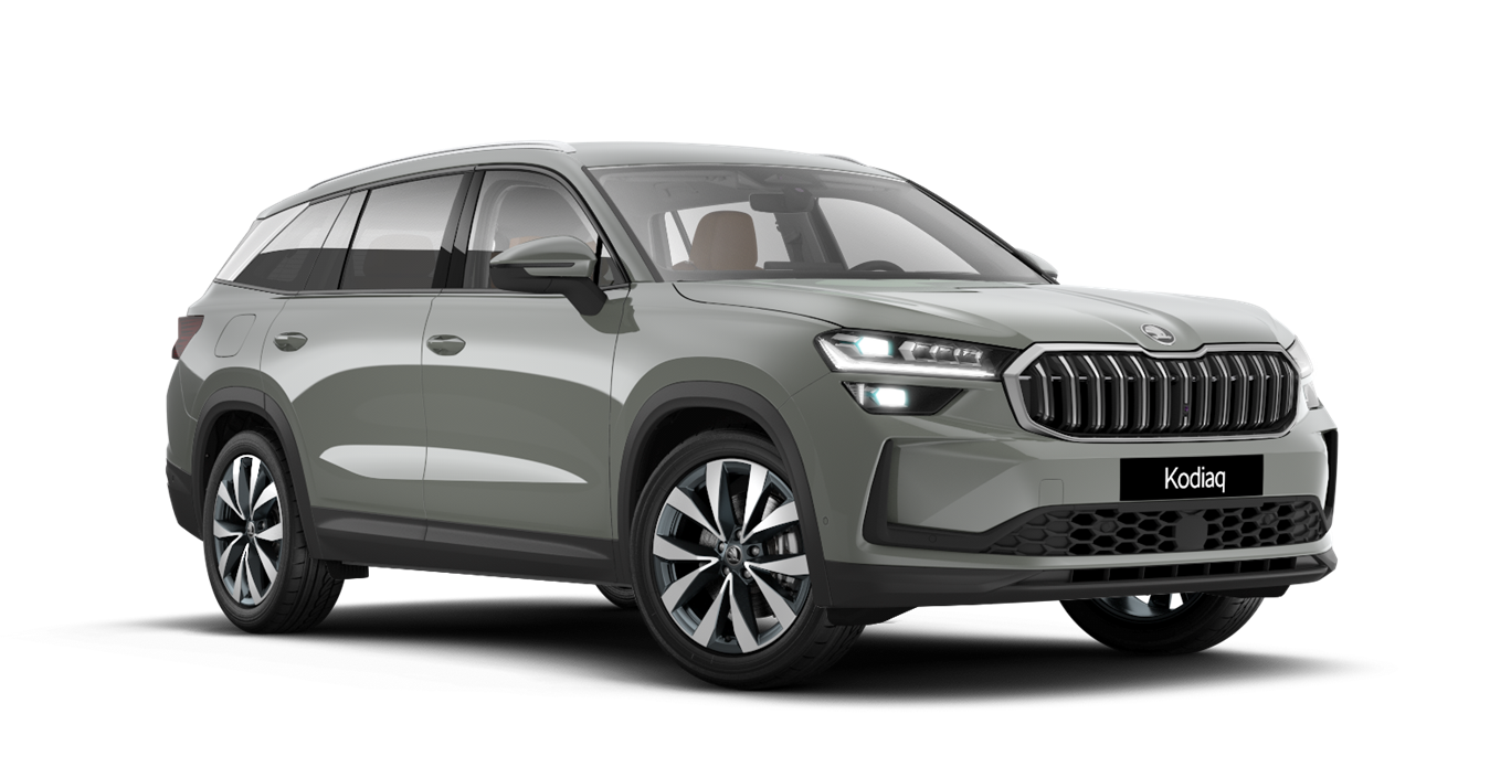 Front 3/4 render of a Škoda vehicle with Steel Grey paint