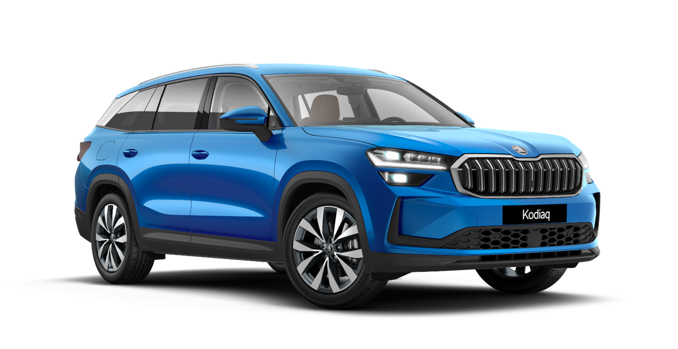 Front 3/4 render of a Škoda vehicle with Race Blue paint