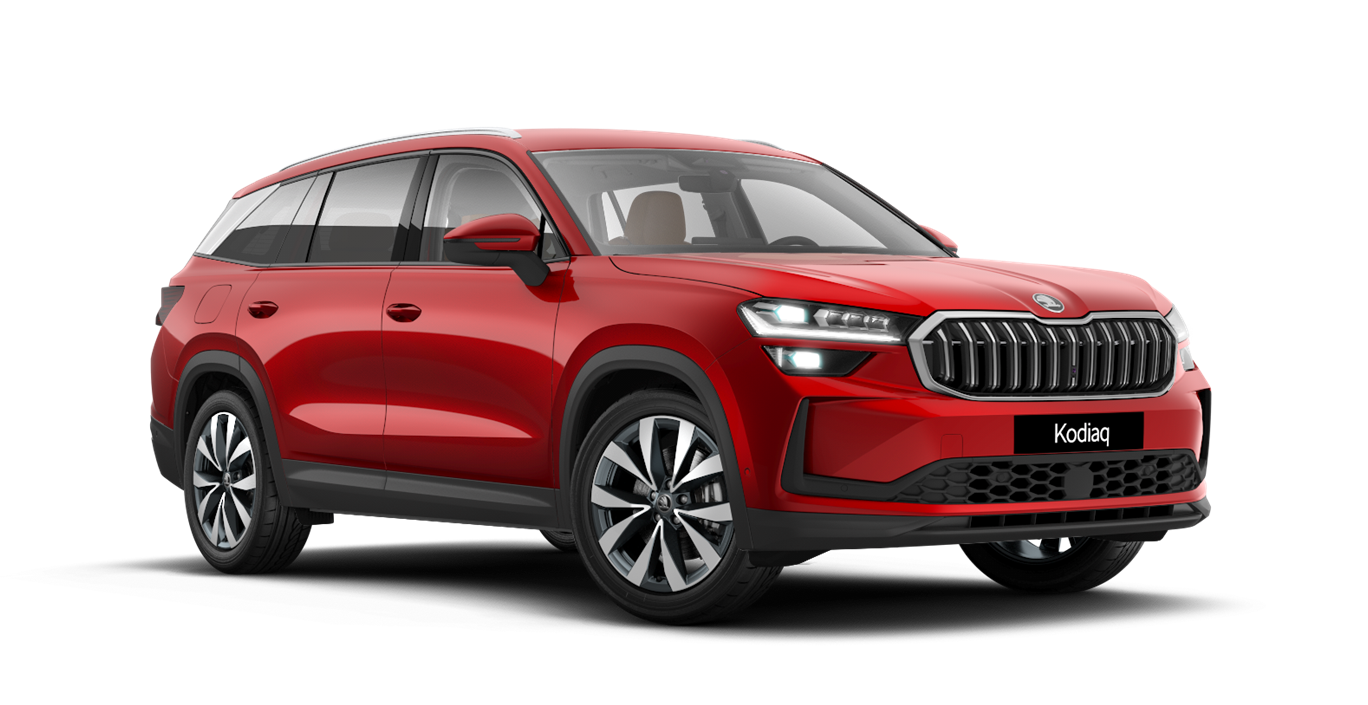 Front 3/4 render of a Škoda vehicle with Velvet red paint