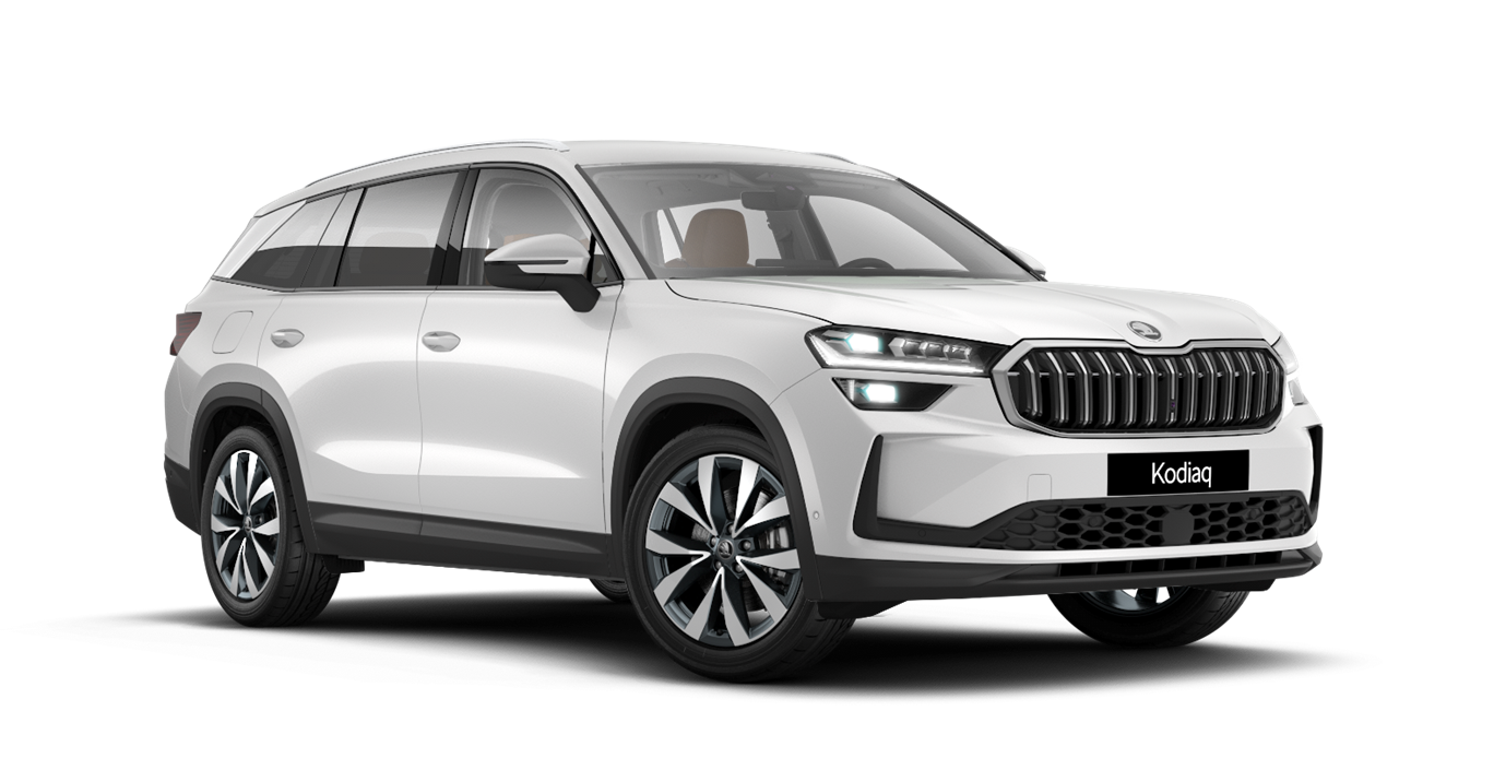 Front 3/4 render of a Škoda vehicle with Moon White paint