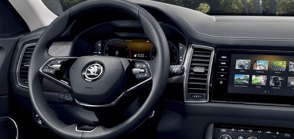 Close up of a steering wheel in left hand drive Kodiaq RS