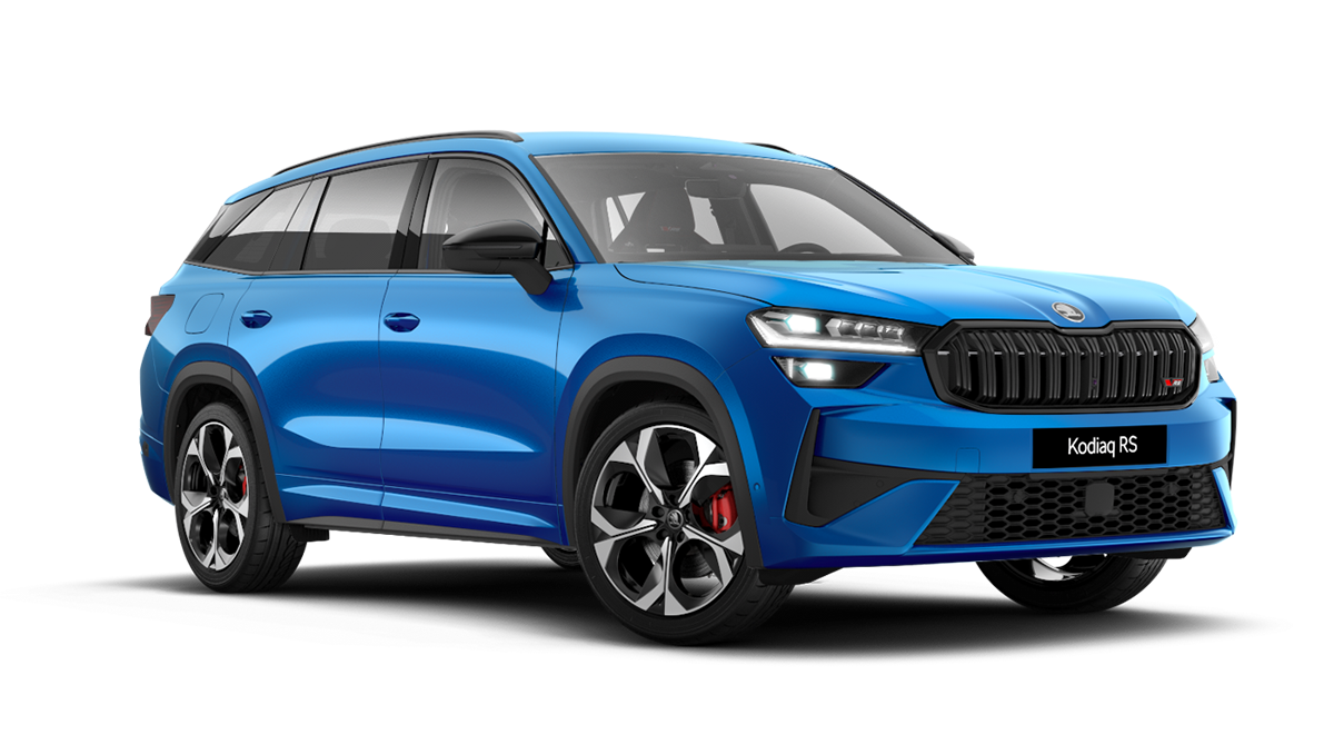 Front 3/4 render of a Škoda vehicle with Race Blue paint
