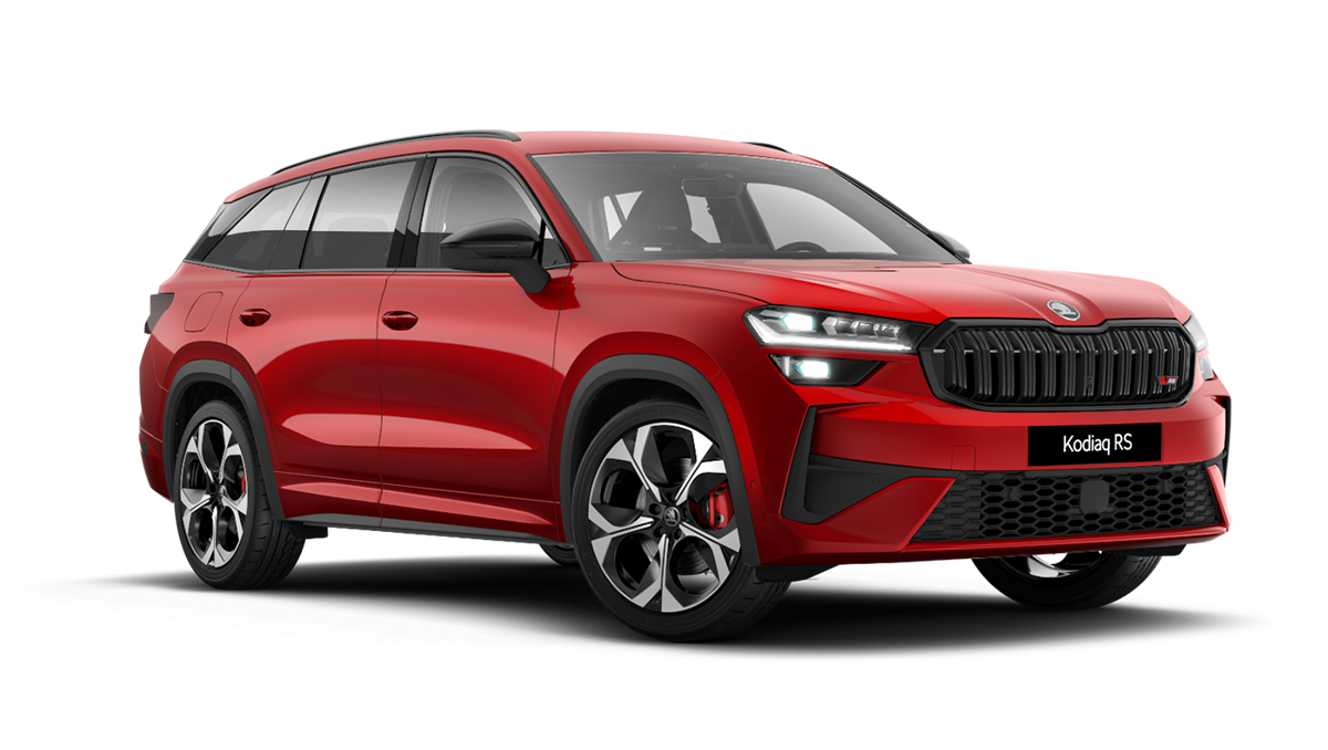 Front 3/4 render of a Škoda vehicle with Velvet Red paint