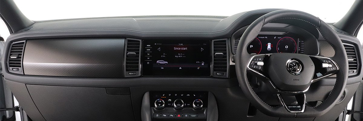 Right hand drive Kodiaq Sportline front dash seen from the back seats