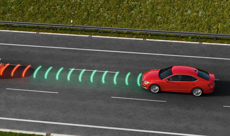 Graphic of a Skoda driving on a highway with simulated front sensors
