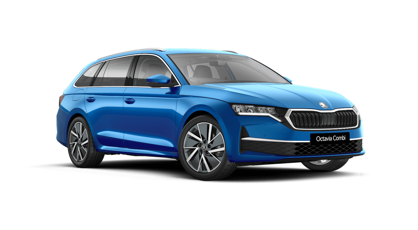 Front 3/4 render of a Škoda vehicle with Race Blue paint