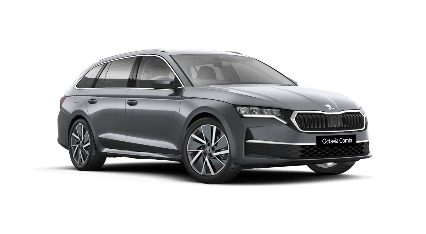 Front 3/4 render of a Škoda vehicle with Graphite Grey paint