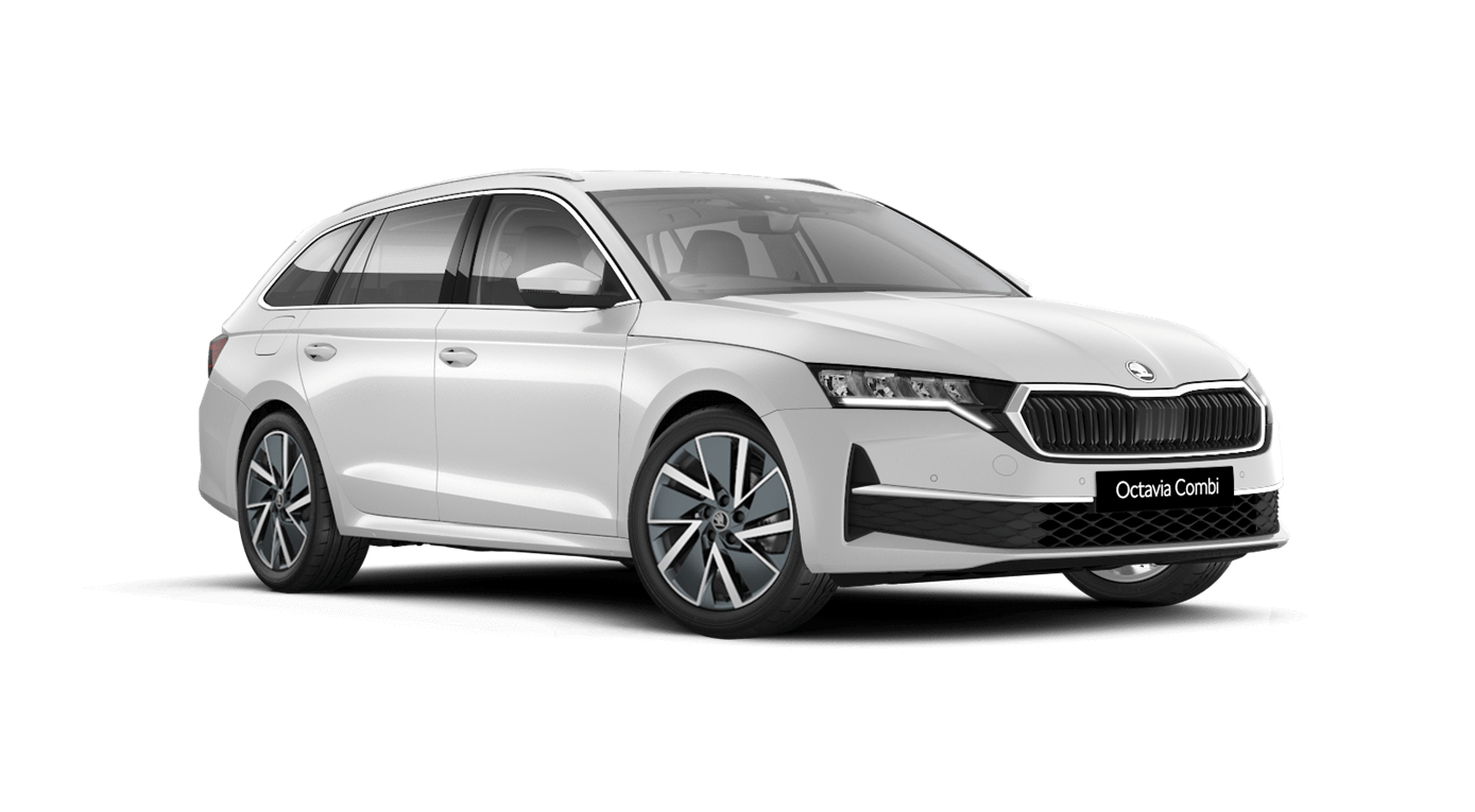 Front 3/4 render of a Škoda vehicle with Moon White paint
