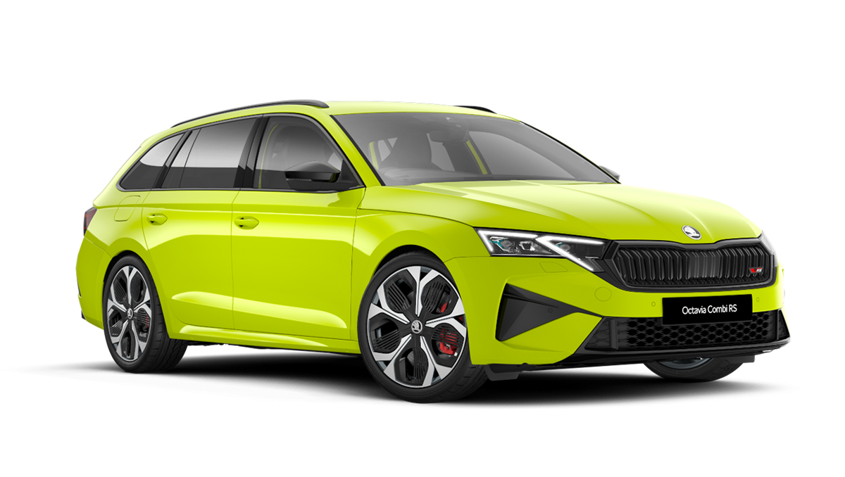Front 3/4 render of a Škoda vehicle with Mamba Green paint