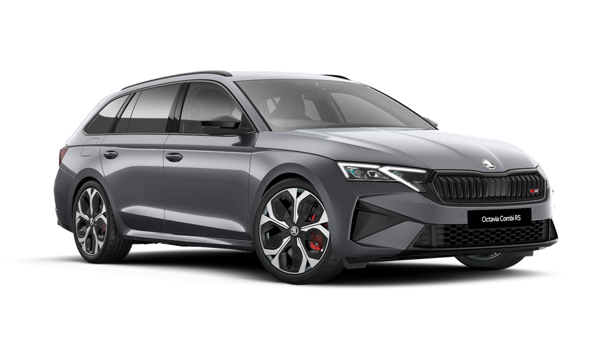 Front 3/4 render of a Škoda vehicle with Graphite Grey paint