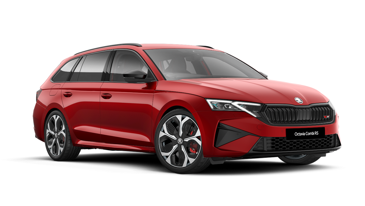 Front 3/4 render of a Škoda vehicle with Velvet Red paint